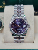 Rolex Lady Datejust 31mm Violet (Purple) Roman Diamond Dial Fluted Jubilee - 278274 - New 2024