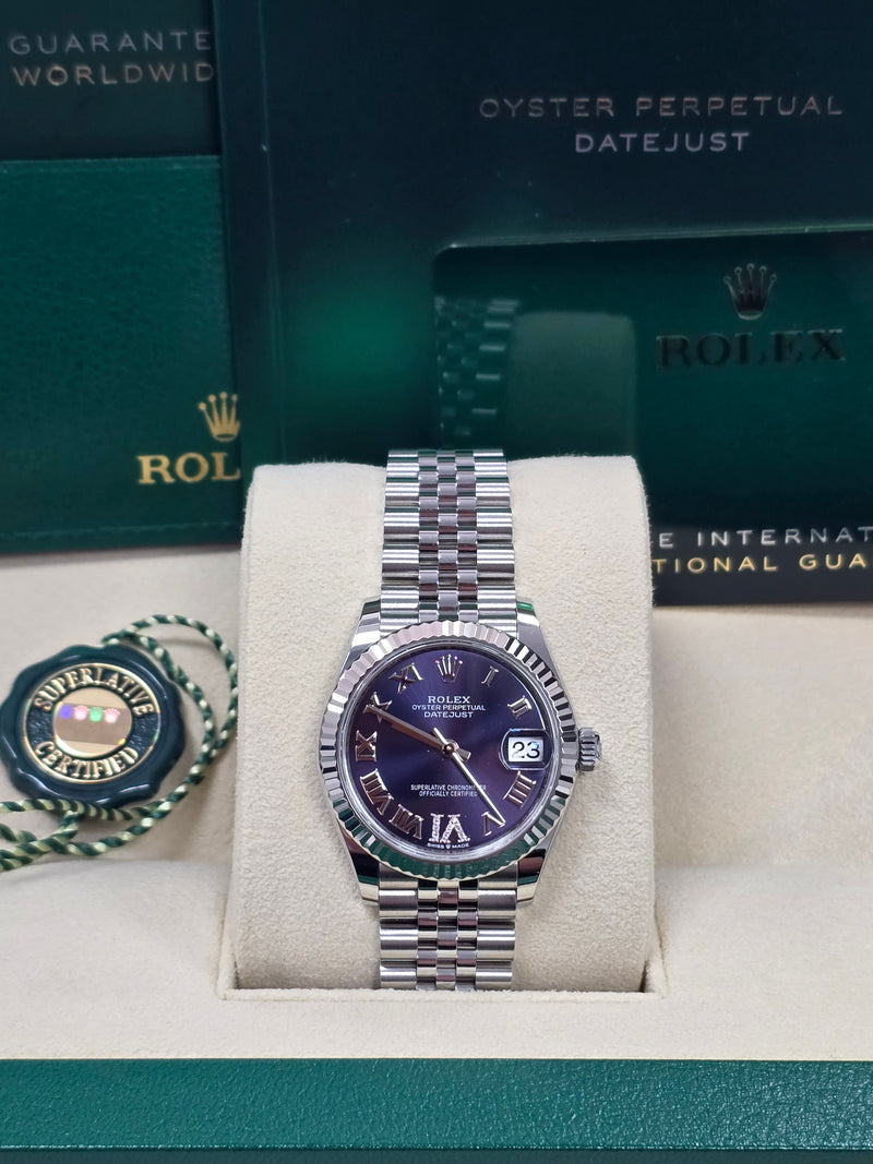 Rolex Lady Datejust 31mm Violet (Purple) Roman Diamond Dial Fluted Jubilee - 278274 - New 2024