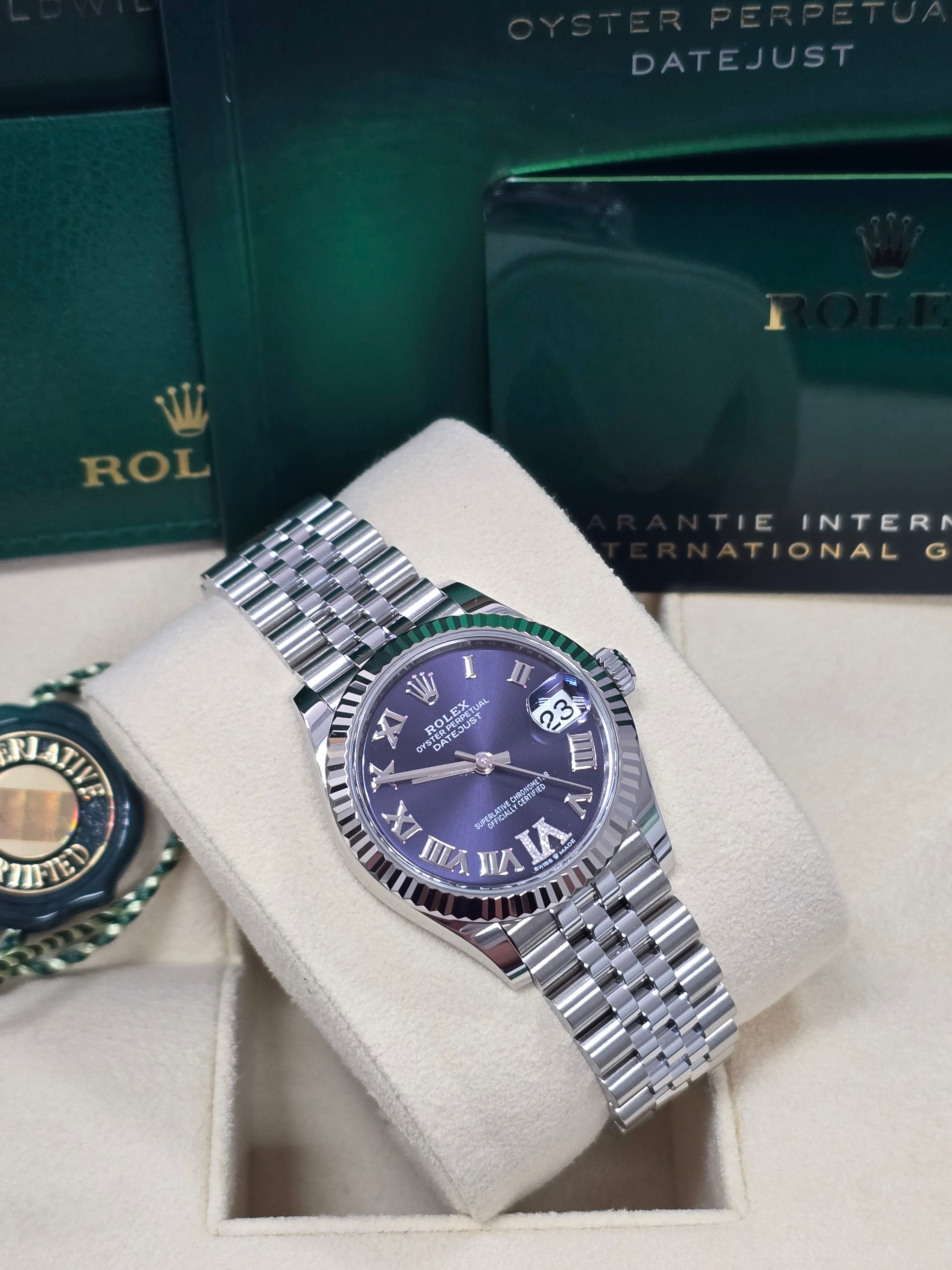 Rolex Lady-Datejust 31mm Violet (Purple) Roman Diamond Dial Fluted Bezel Jubilee Bracelet 278274 – New 2025