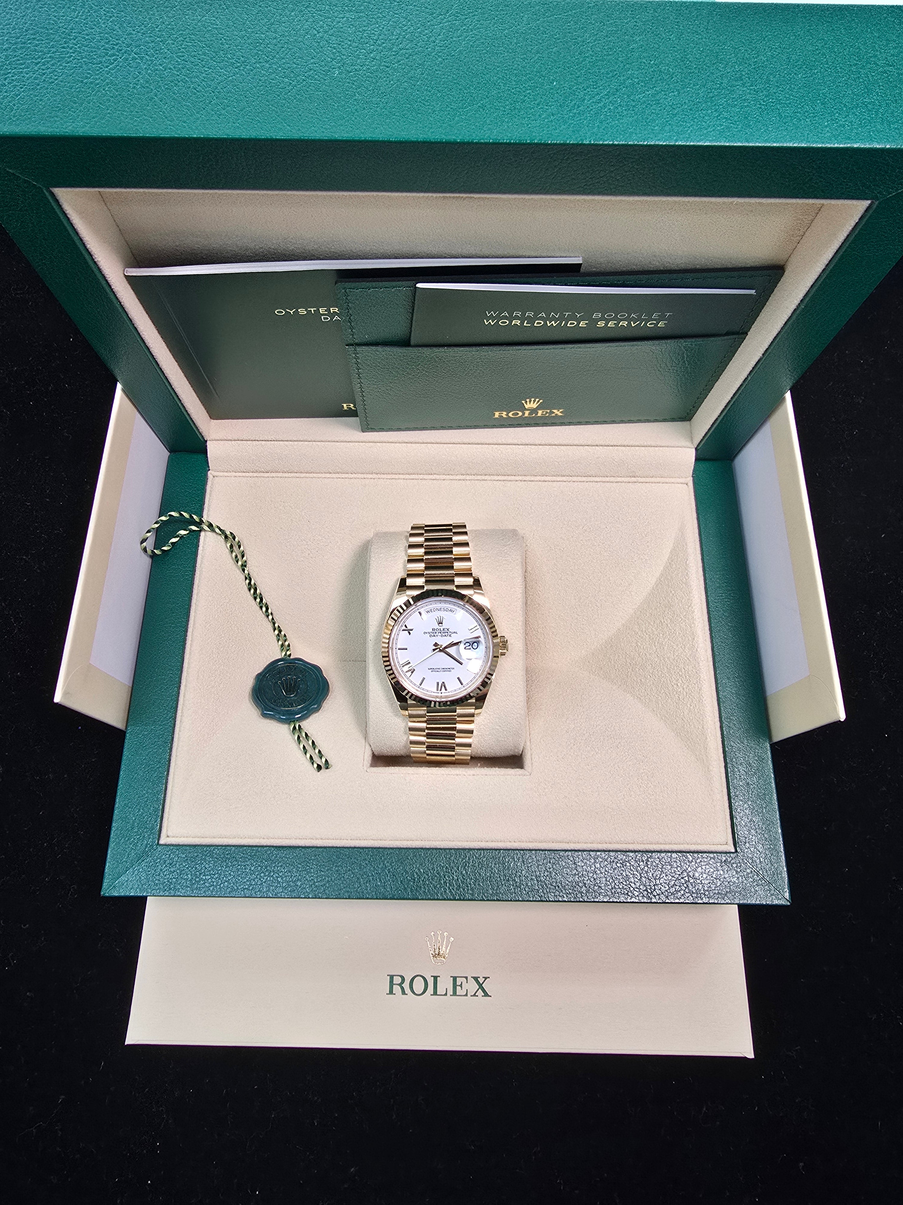 Rolex Day-Date "President" 36mm Yellow Gold White Roman Dial - 128238 - New 2025