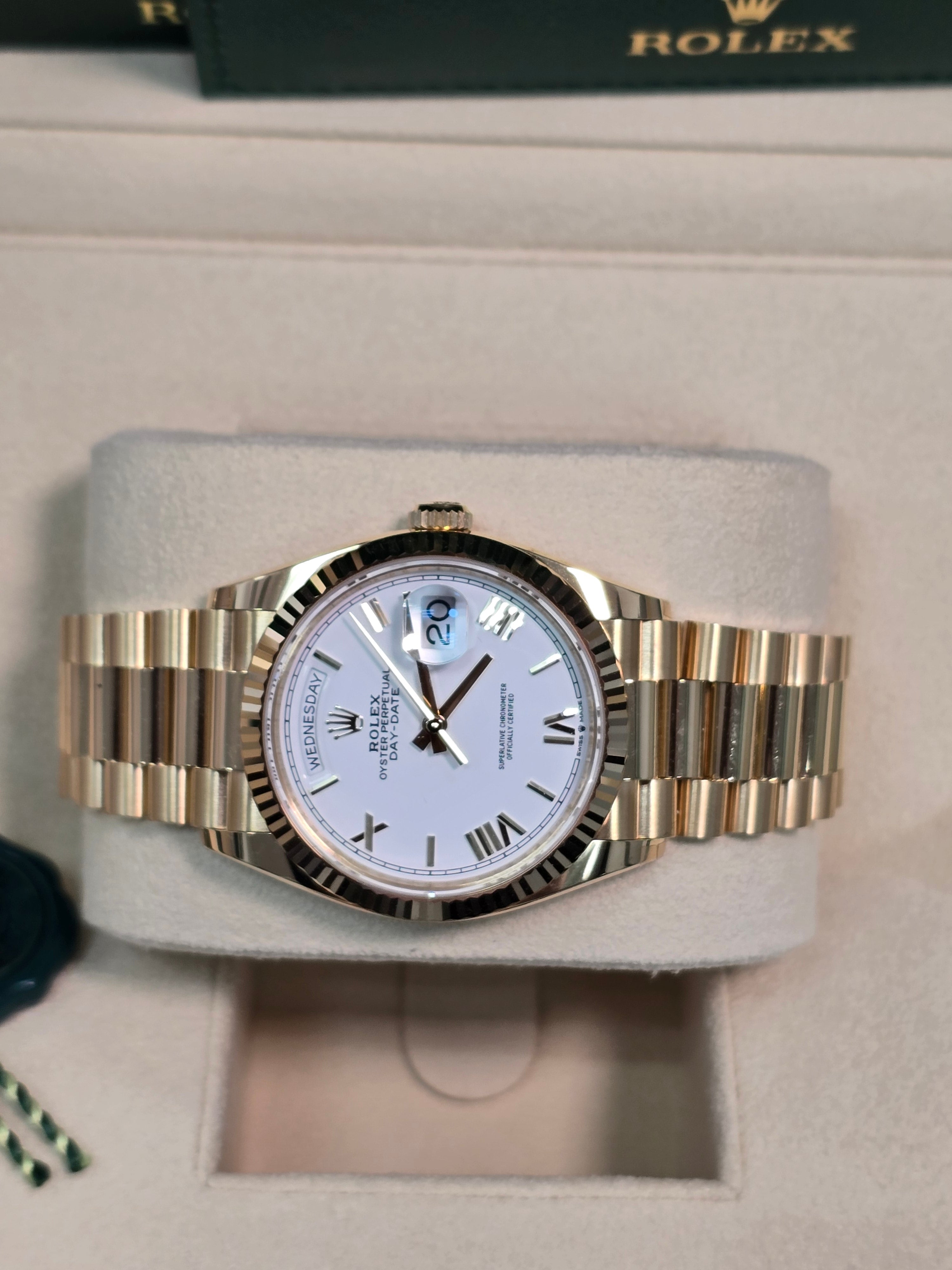 Rolex Day-Date "President" 36mm Yellow Gold White Roman Dial - 128238 - New 2025