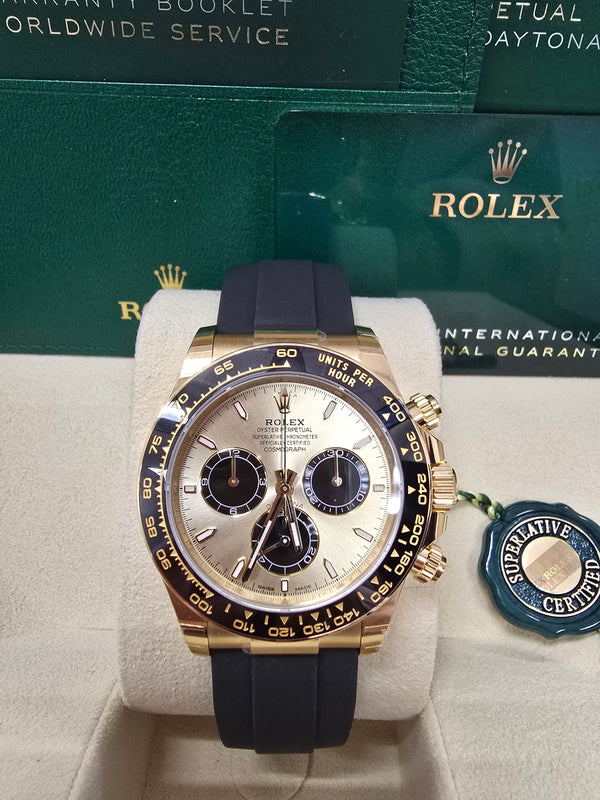 Rolex Cosmograph Daytona 40mm Yellow Gold Ceramic Bezel Champagne and Black "YML/Pikachu" Dial Oysterflex - 126518LN - New 2024