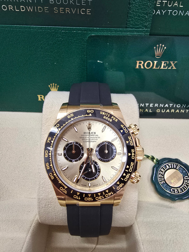 Rolex Cosmograph Daytona 40mm Yellow Gold Ceramic Bezel Champagne and Black "YML/Pikachu" Dial Oysterflex - 126518LN - New 2024