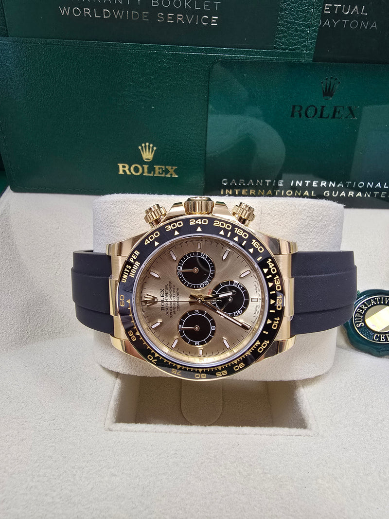 Rolex Cosmograph Daytona 40mm Yellow Gold Ceramic Bezel Champagne and Black "YML/Pikachu" Dial Oysterflex - 126518LN - New 2024