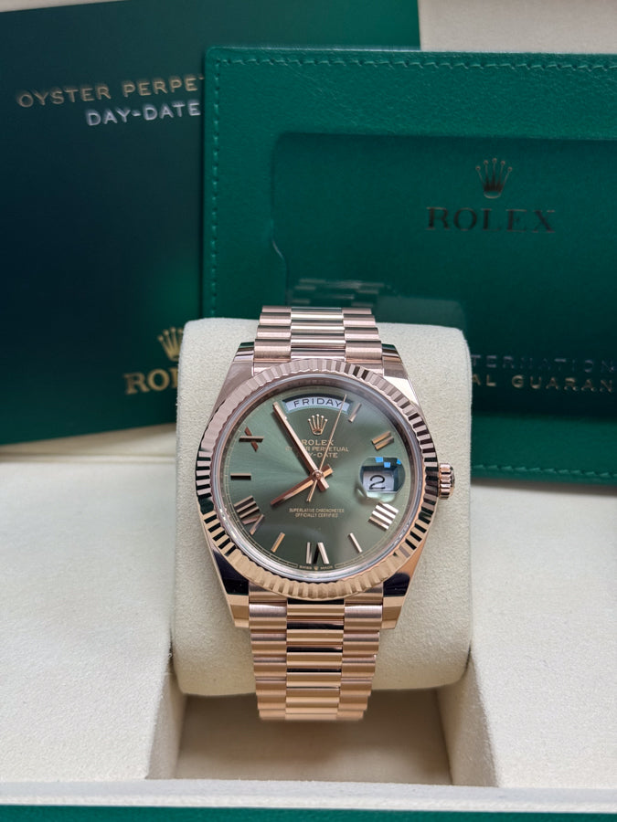 Rolex Day-Date "President" 40mm Everose Gold Olive Green Roman Dial - 228235 - New 2025 / 2026