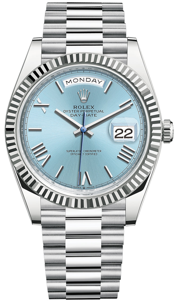 Rolex Day-Date "President" 40mm Platinum Ice Blue Roman Dial - 228236 - Brand New 2024