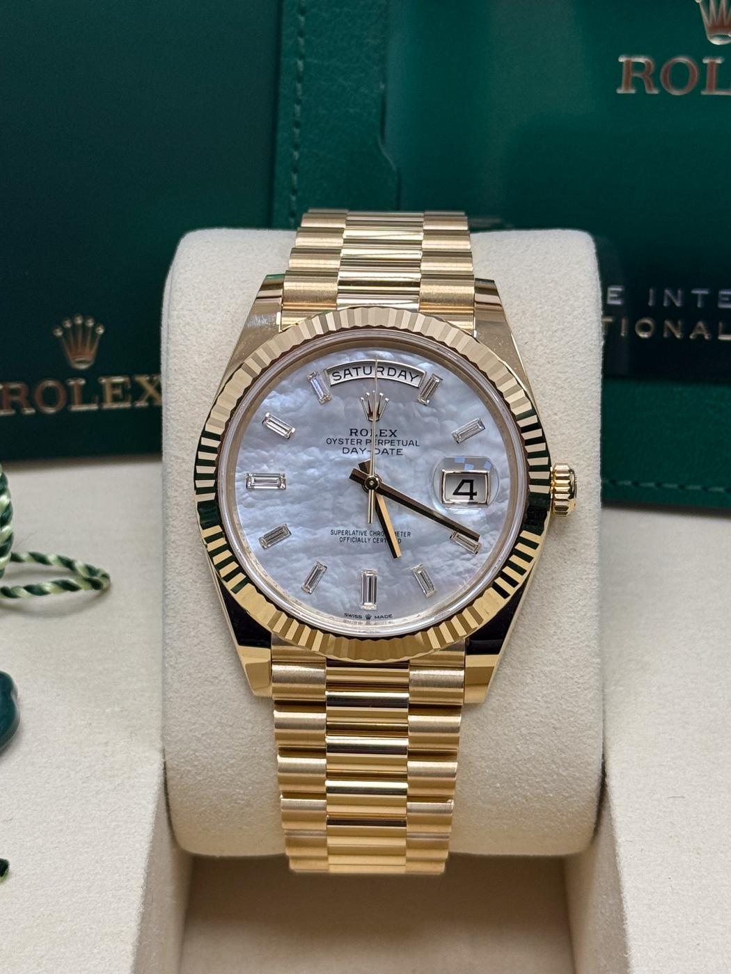 Rolex Yellow Gold President Day Date 40mm Mother of Pearl Diamond Baguette Dial