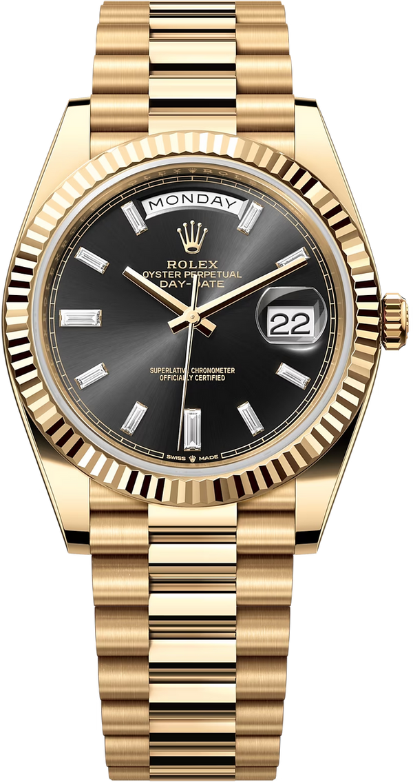 Rolex Yellow Gold President Day Date 40mm Black Diamond Baguette Dial - 228238 - New 2024