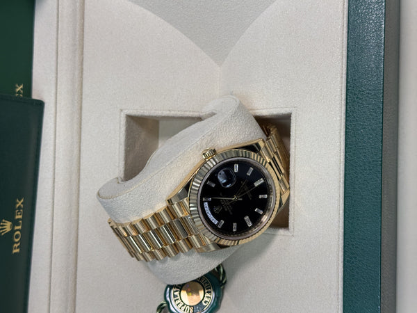 Rolex Yellow Gold President Day Date 40mm Black Diamond Baguette Dial - 228238 - New 2024