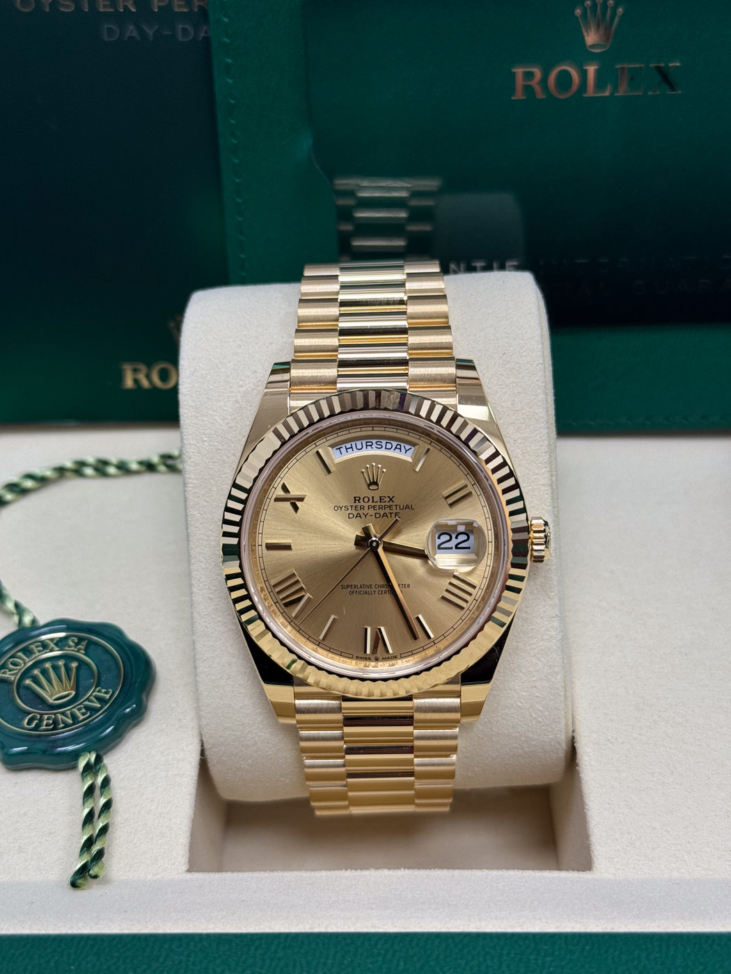 Rolex Day-Date "President" 40mm Yellow Gold Champagne Roman Numeral Dial - 228238 - New 2025 / 2026