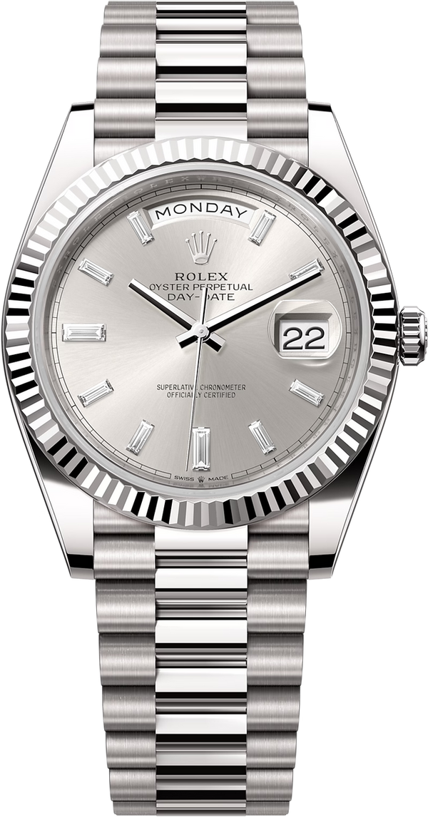 Rolex Day-Date "President" 40mm White Gold Silver Diamond Baguette Dial - 228239 - New 2024