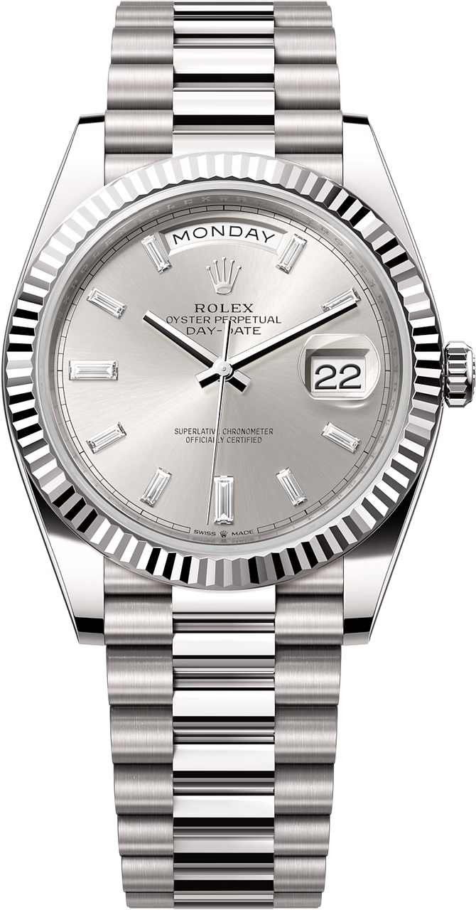 Rolex Day-Date "President" 40mm White Gold Silver Diamond Baguette Dial - 228239 - New 2024