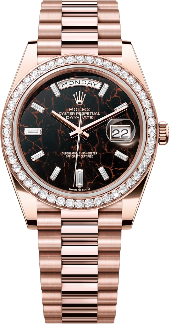 Rolex Day-Date "President" 40mm Everose Gold Eisenkiesel Diamond Baguette Dial Diamond Bezel - 228345RBR - New 2025