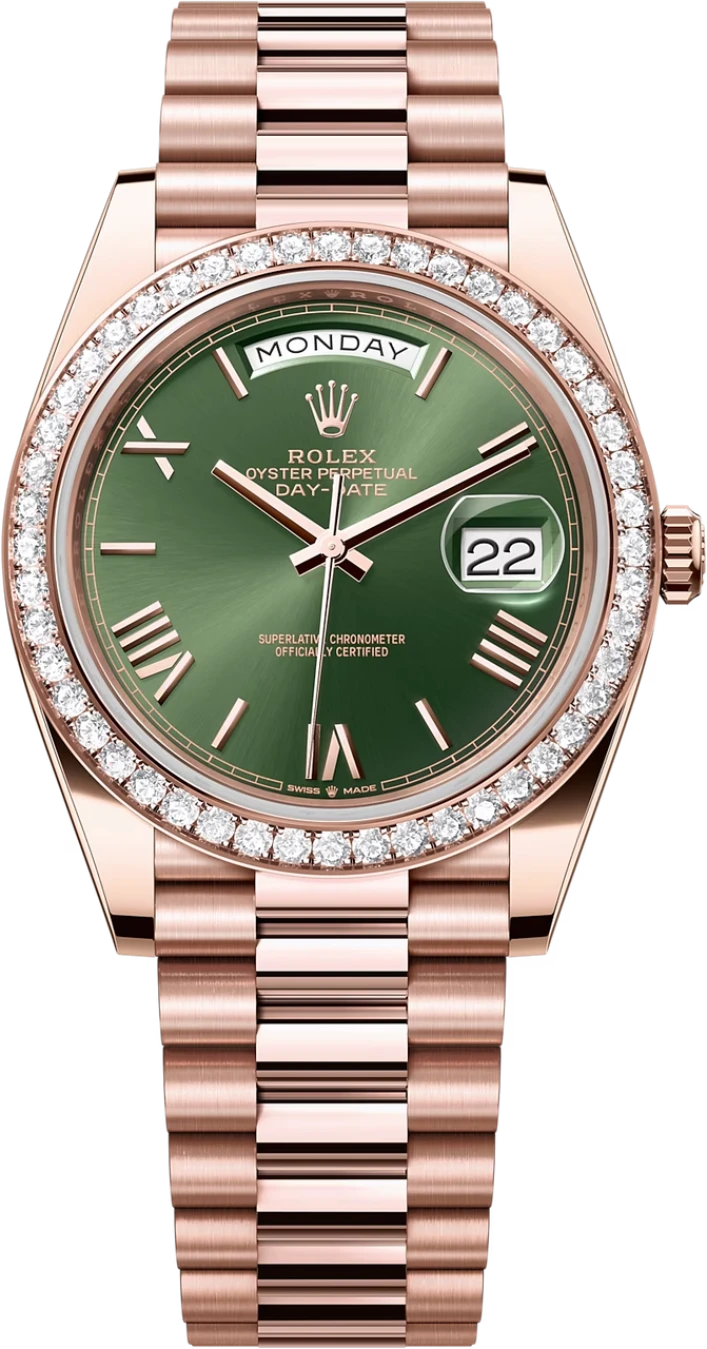 Rolex Day-Date "President" 40mm Everose Gold Olive Green Roman Dial Diamond Bezel - 228345RBR - New 2025
