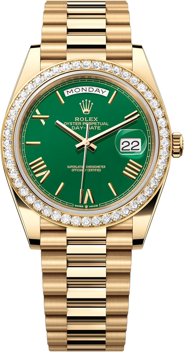 Rolex Day-Date "President" 40mm Yellow Gold Green Roman Dial Diamond Bezel - 228348rbr - New 2024