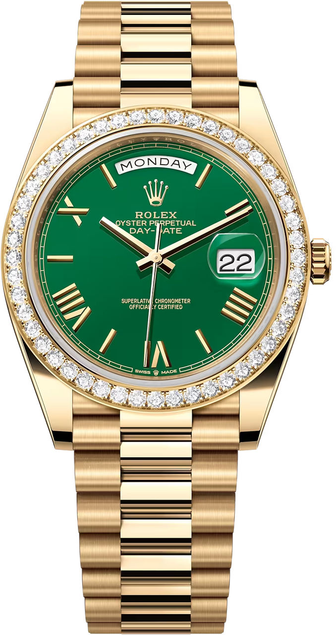 Rolex Day-Date "President" 40mm Yellow Gold Green Roman Dial Diamond Bezel - 228348rbr - New 2024