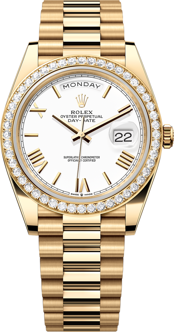 Rolex Day-Date "President" 40mm Yellow Gold White Roman Dial Diamond Bezel - 228348rbr - New 2024