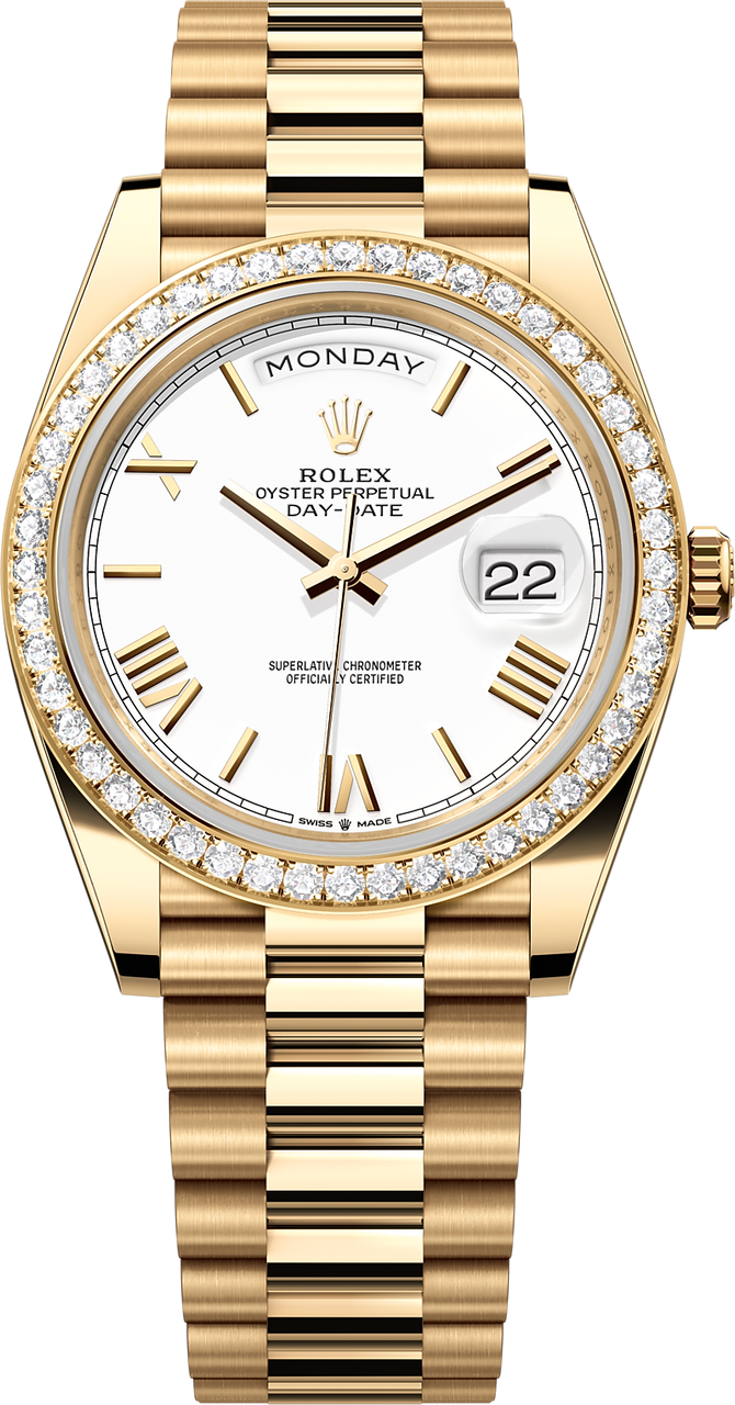 Rolex Day-Date "President" 40mm Yellow Gold White Roman Dial Diamond Bezel - 228348rbr - New 2024