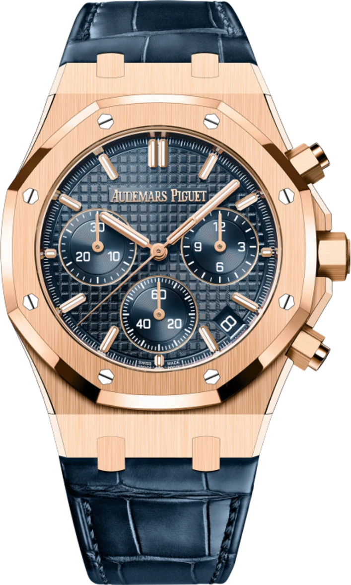 Audemars Piguet Royal Oak Blue Gold 26240OR.OO.D315CR.02 Rose Gold Blue Chrono Dial Leather Strap - Brand New 2024