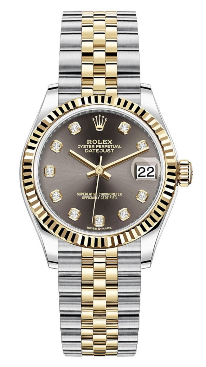 Rolex Lady-Datejust 31mm Two-Tone Yellow Gold Dark Grey Diamond Dial Fluted Bezel Jubilee Bracelet 278273 – New 2025