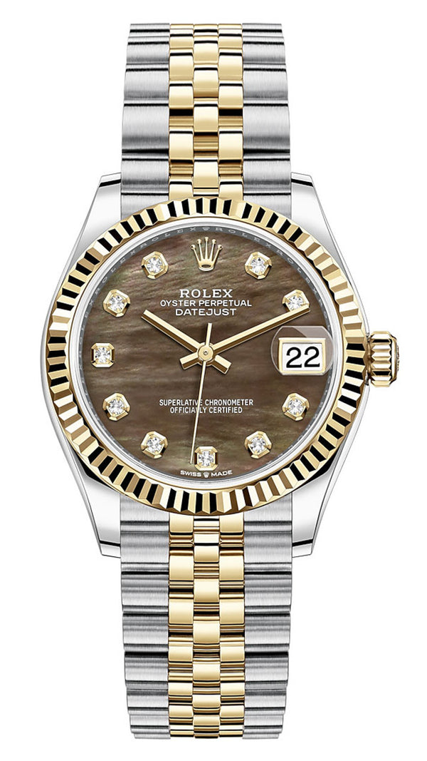 Rolex Lady Datejust 31mm Black/Dark Grey Mother of Pearl Diamond Dial Fluted Two-Tone Jubilee - 278273 - Brand New 2024