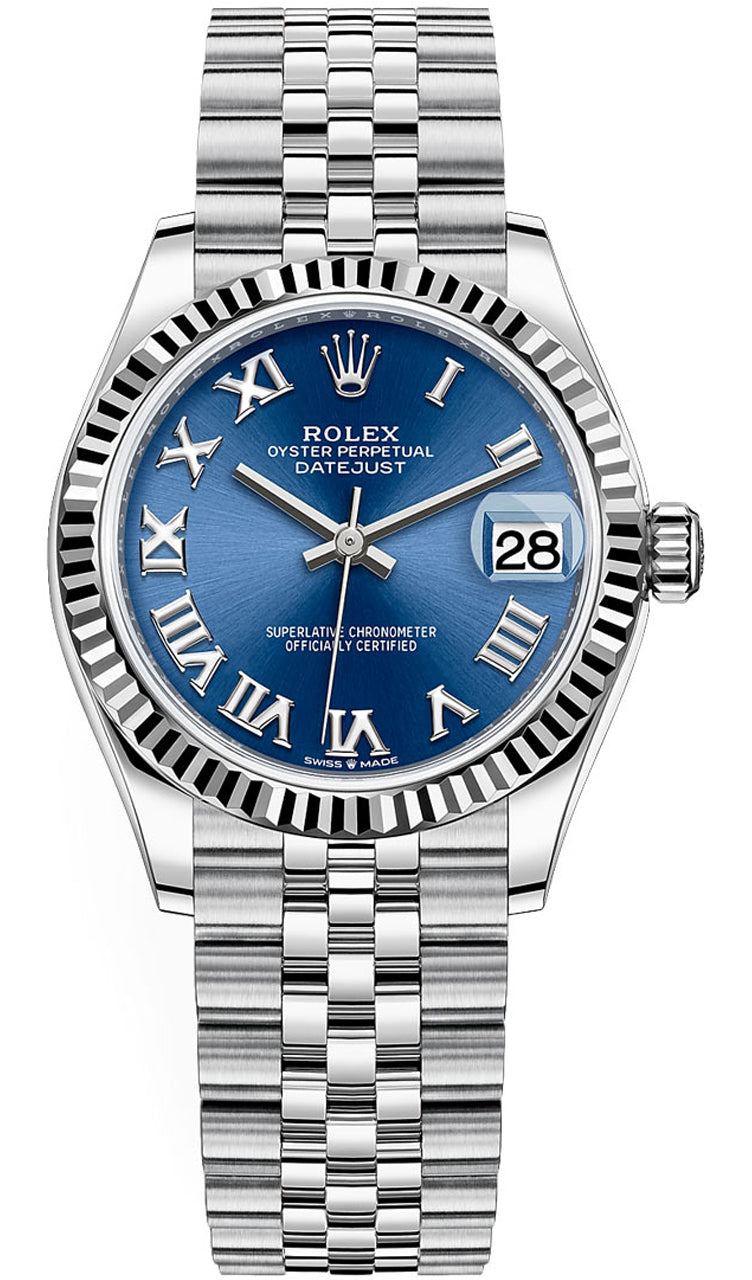 Rolex Lady-Datejust 31mm Blue Roman Dial Fluted Bezel Jubilee Bracelet 278274 – New 2025
