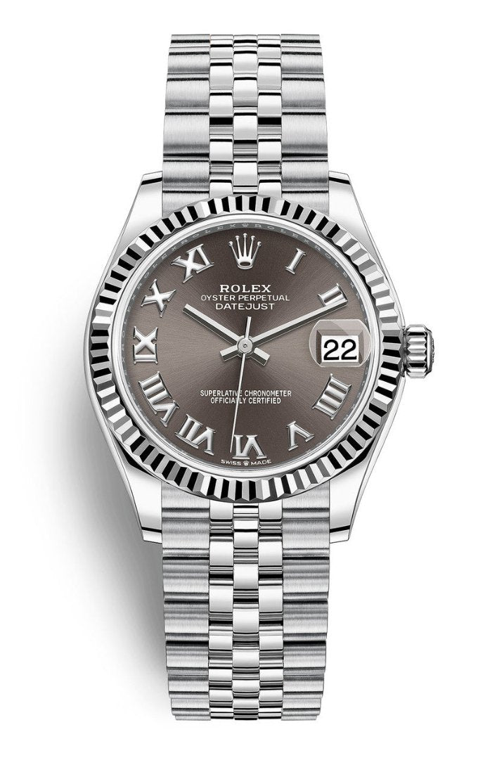 Rolex Lady-Datejust 31mm Grey Roman Dial Fluted Bezel Jubilee Bracelet 278274 – New 2025