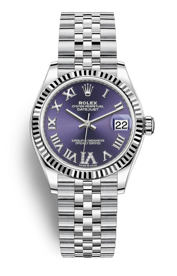 Rolex Lady-Datejust 31mm Violet (Purple) Roman Diamond Dial Fluted Bezel Jubilee Bracelet 278274 – New 2025