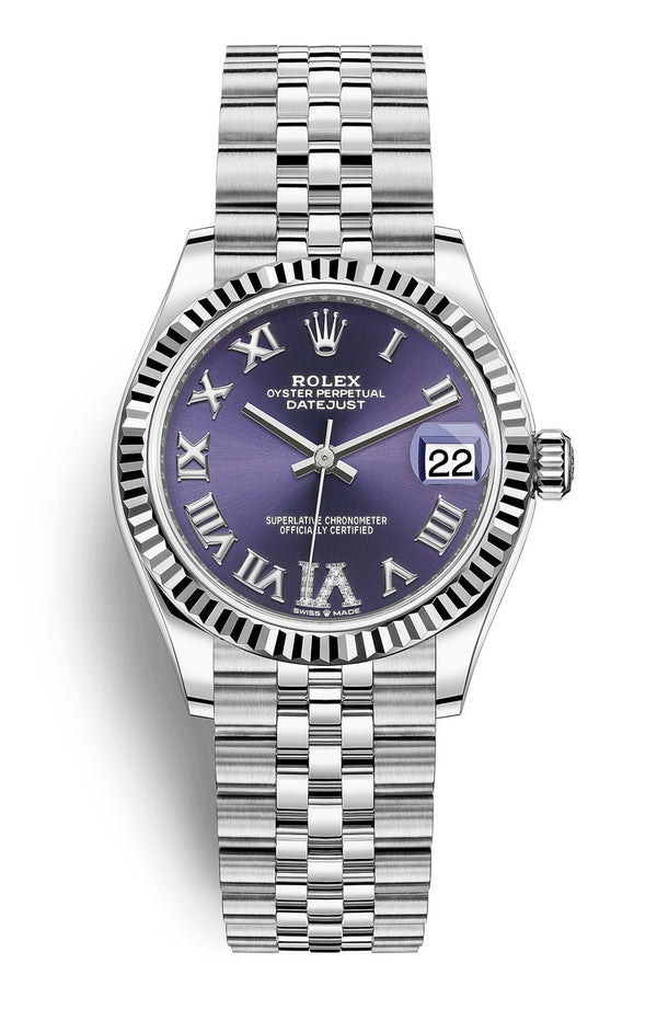 Rolex Lady Datejust 31mm Violet Roman Diamond Dial Fluted Jubilee - 278274 - Brand New 2024