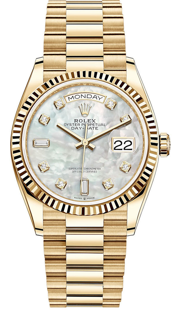 Rolex Day-Date "President" 36mm Yellow Gold Mother of Pearl Diamond Dial - 128238 - Brand New 2023