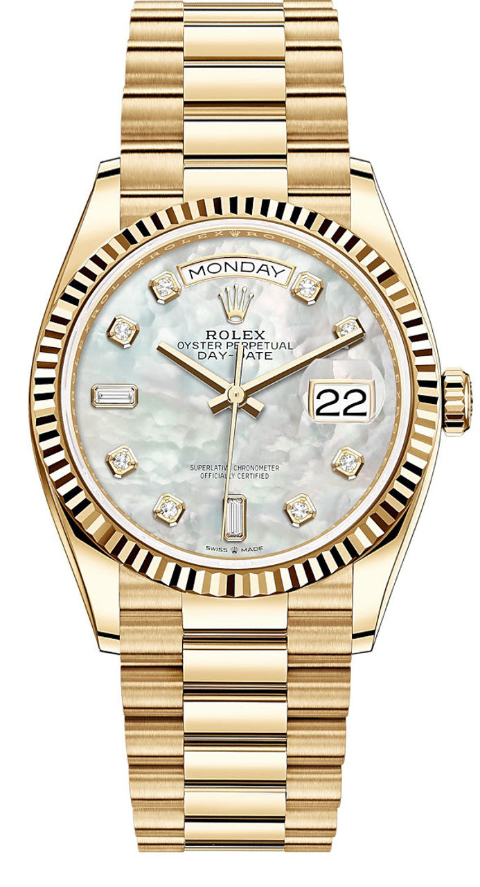 Rolex President Day Date Yellow Gold Mother of Pearl Diamond Dial 36mm - 128238 - New 2023