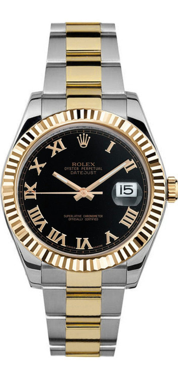 Rolex Datejust 41mm Fluted Bezel Black Roman Dial Oyster Two Tone With Card - 116333