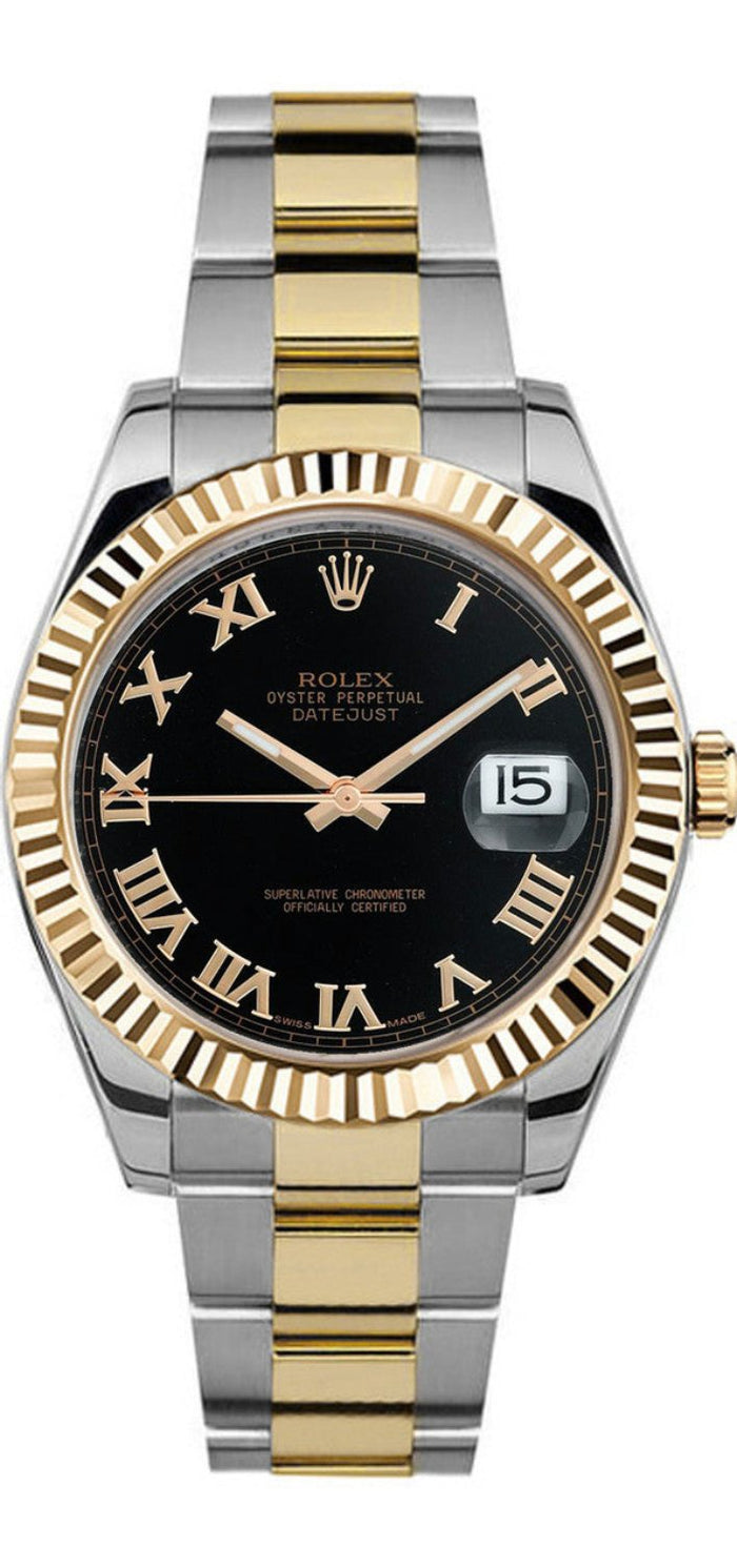 Rolex Datejust 41mm Fluted Bezel Black Roman Dial Oyster Two Tone