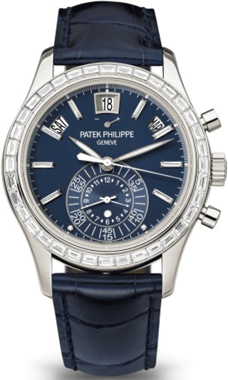 Patek Philippe Complications Annual Calendar Chronograph Platinum Blue Dial Diamond Bezel 5961P-001