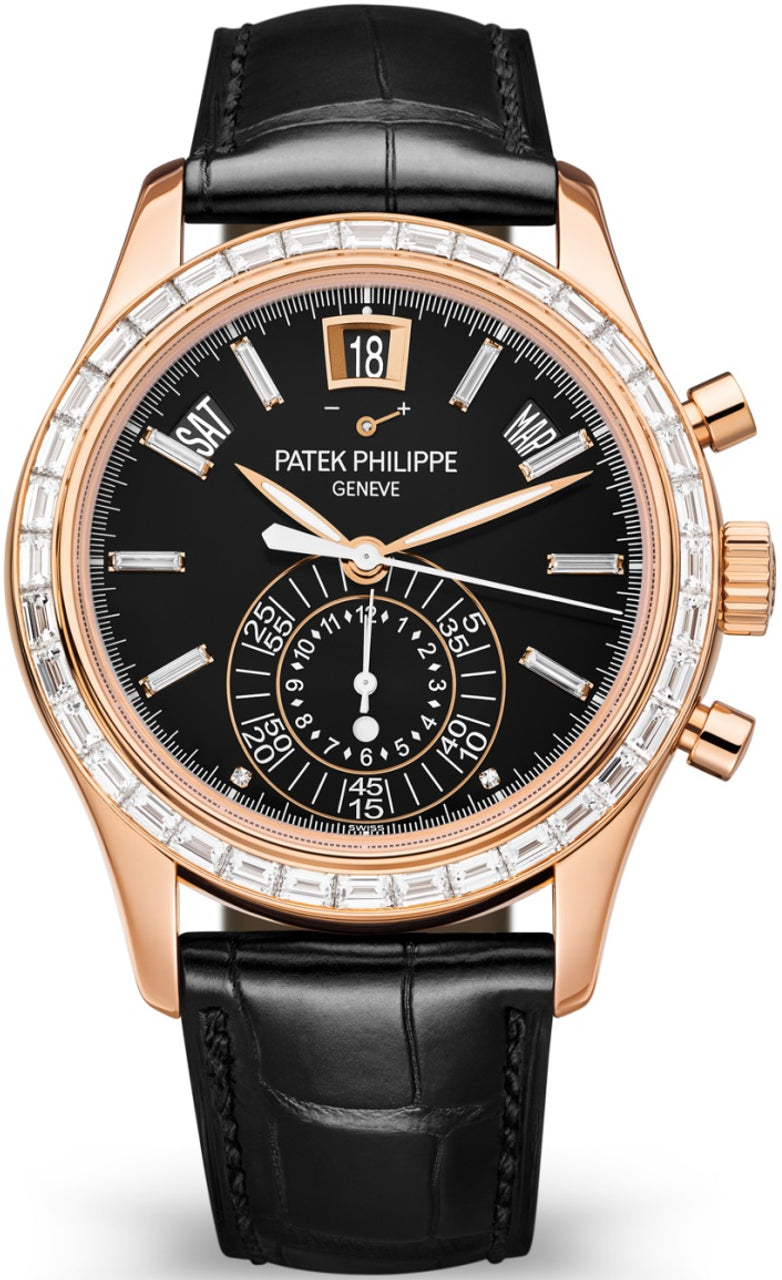 Patek Philippe Complications Annual Calendar Chronograph Rose Gold Black Dial Diamond Bezel 5961R-010