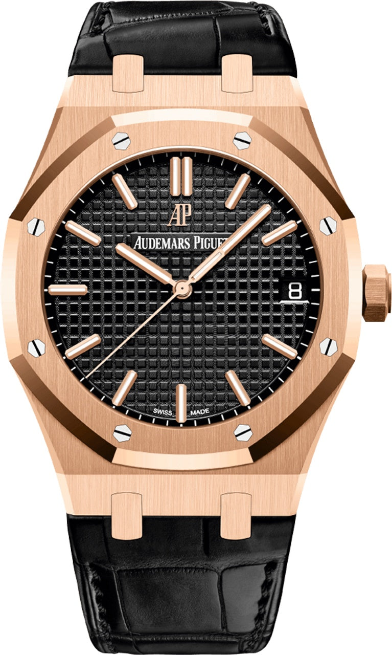 Audemars Piguet Royal Oak Rose Gold Black Dial On Leather Strap 41mm