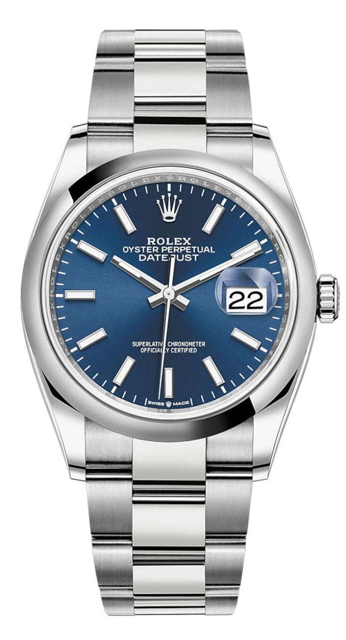 Rolex Datejust 36mm Blue Index Dial Smooth Bezel Oyster Bracelet 126200 – New 2025