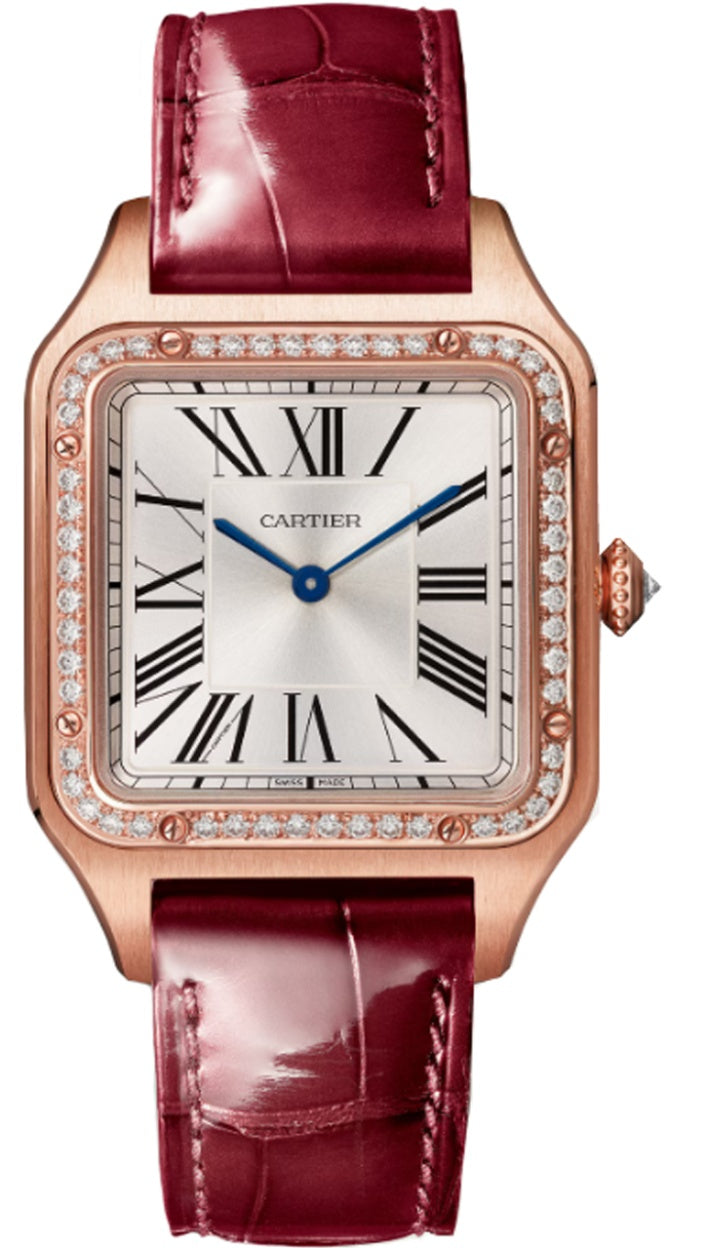 Cartier Santos-Dumont Large 18K Rose Gold Diamond Bezel Silver Dial - WJSA0016