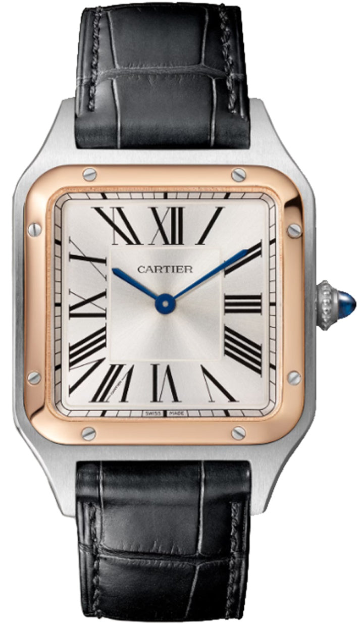 Cartier Santos-Dumont Large Steel and 18K Rose Gold Satin-Brushed Silver Dial