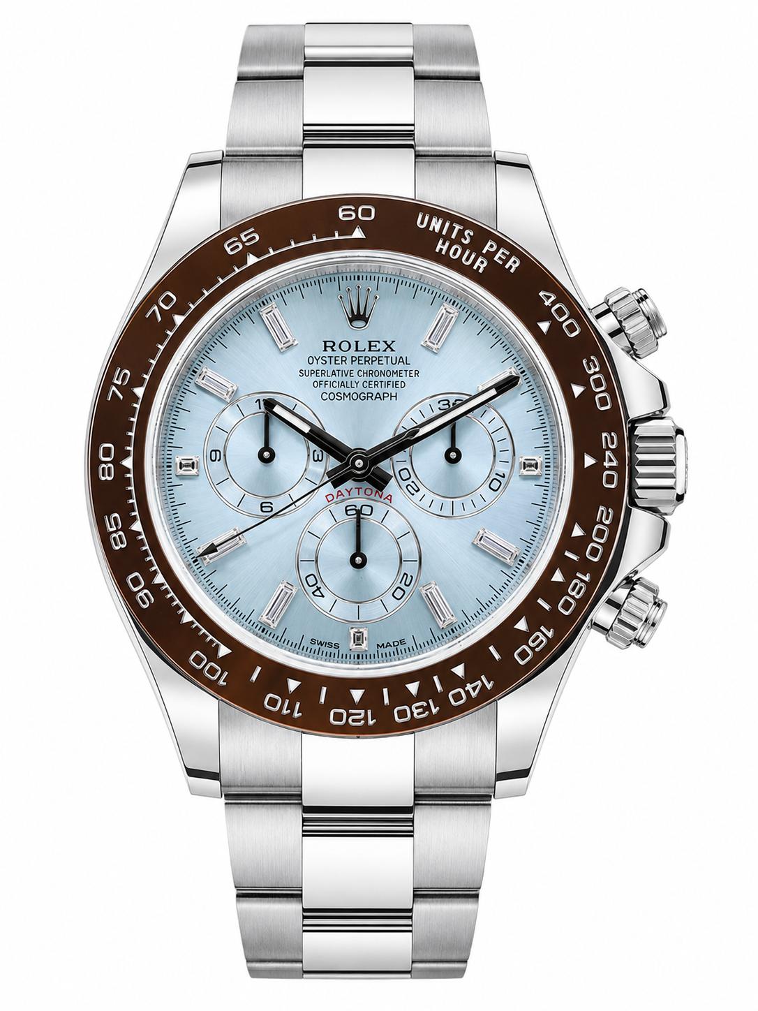 Rolex Daytona Platinum Ice Blue 8 Baguette Diamond Dial Oyster Bracelet 116506
