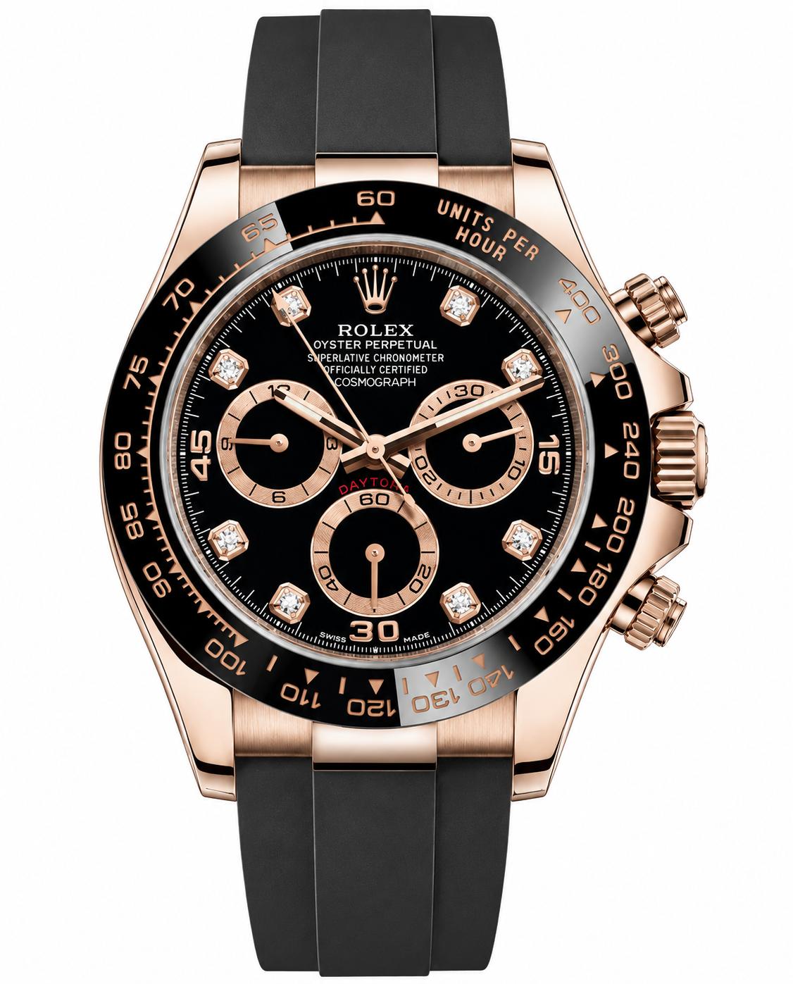 Rolex Daytona Rose Gold Black Diamond Dial Oysterflex Rubber Bracelet 116515LN