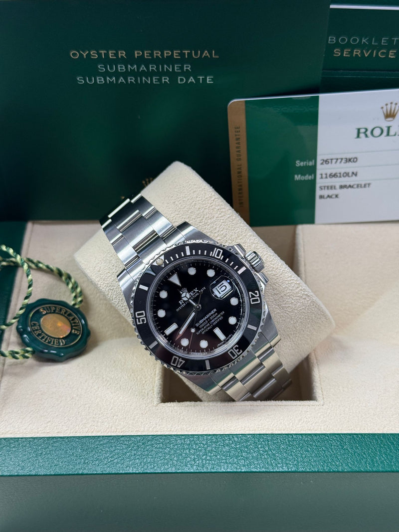 Close-Up of Triplock Crown and Bezel Knurling – Rolex Submariner 116610LN Pre-Owned