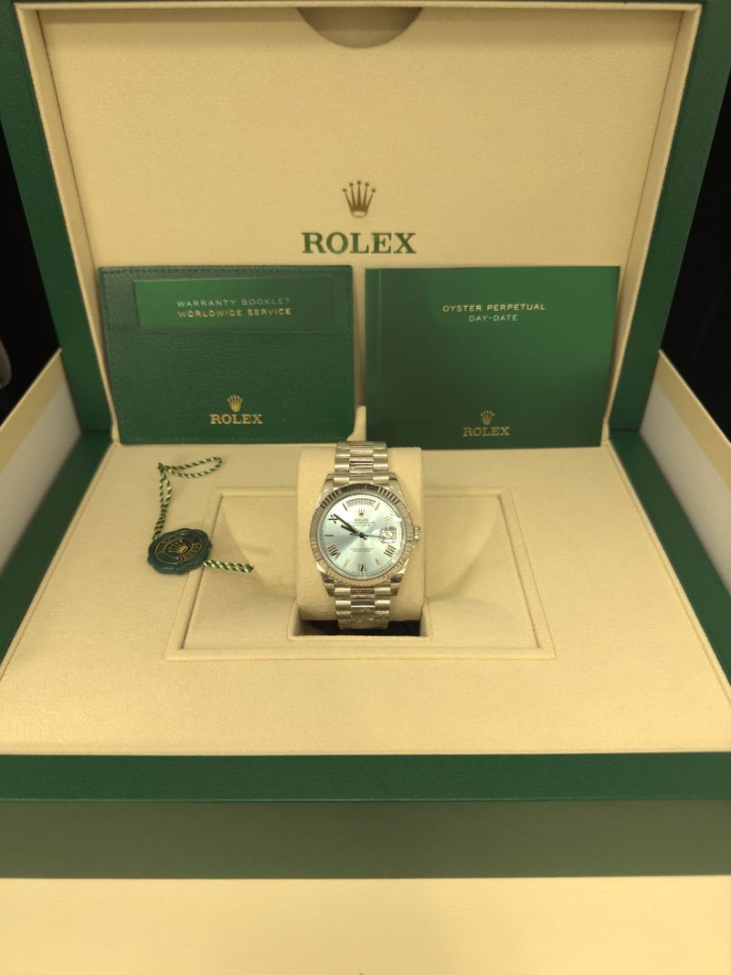 Rolex Day-Date "President" 40mm Platinum Ice Blue Roman Dial - 228236 - New 2024