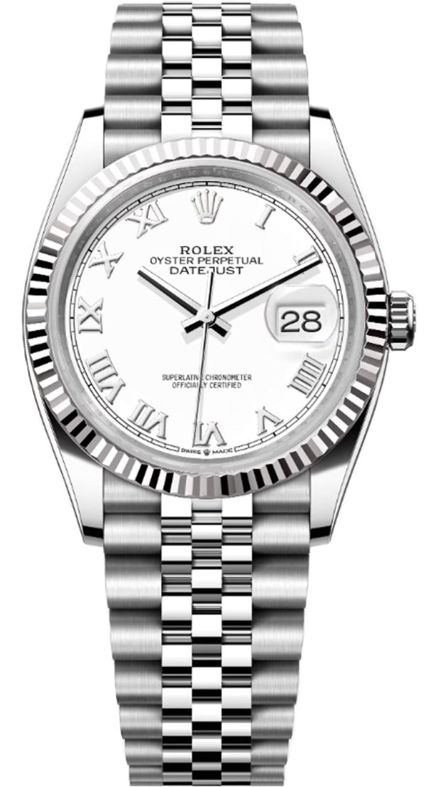 Rolex Datejust 36mm Fluted Bezel White Roman Dial Jubilee - 126234 - Brand New 2024