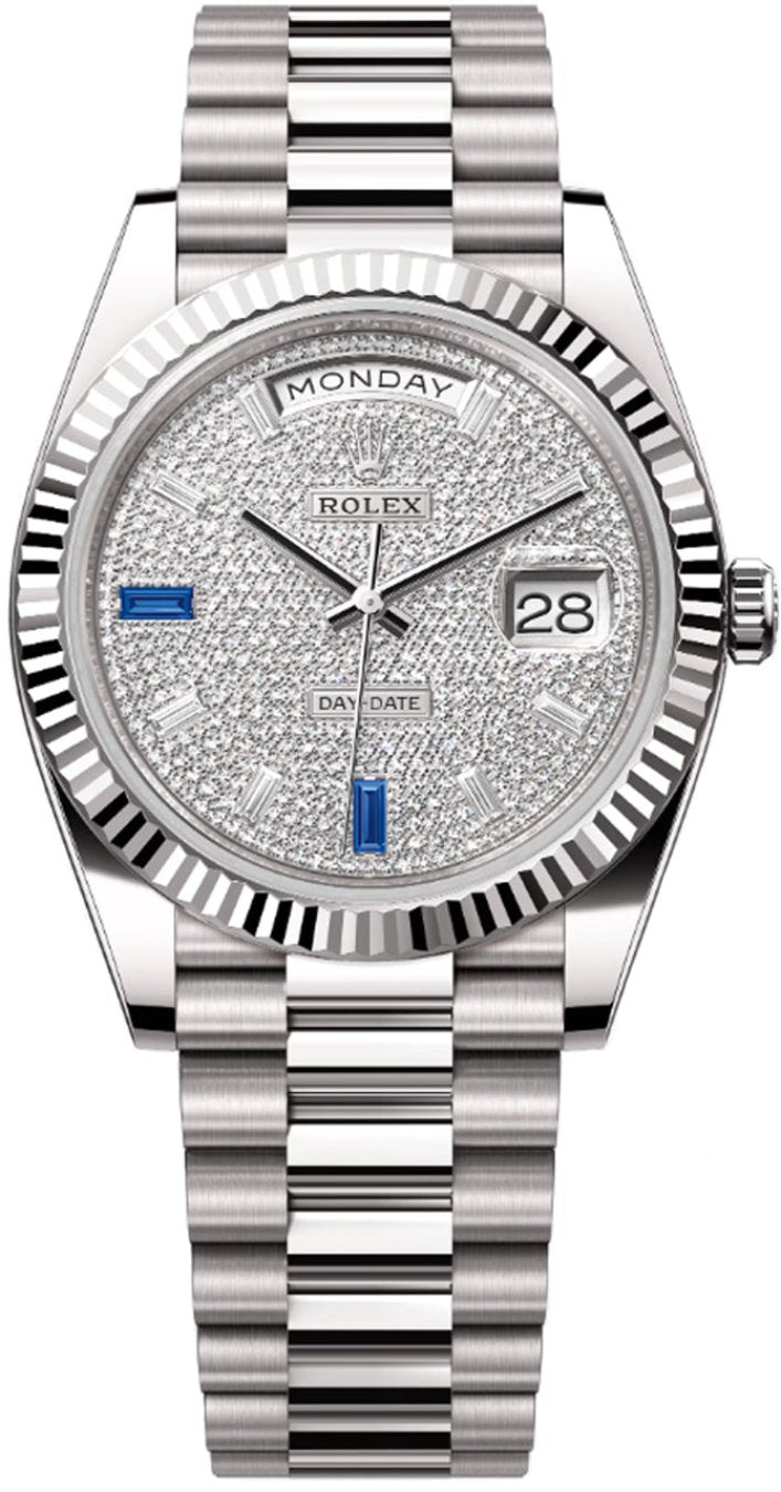 Rolex Day-Date "President" 40mm White Gold Pave Diamond Sapphire Dial - 228239 - New 2024