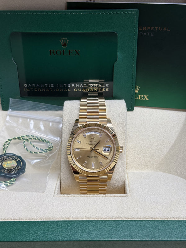 Rolex Day-Date "President" 40mm Yellow Gold Champagne Diamond Baguette Dial - 228238 - New 2024