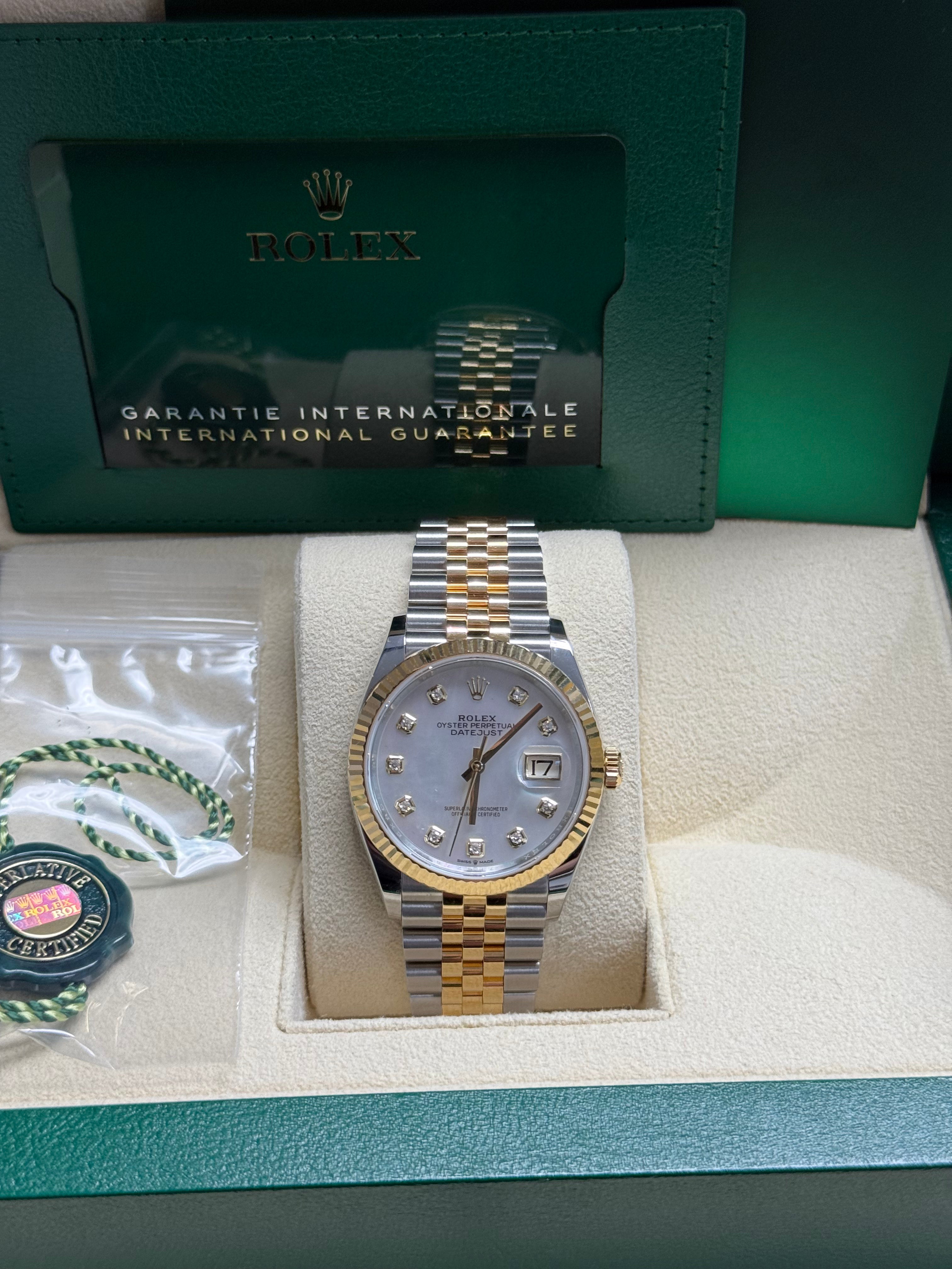 Rolex Datejust 36mm Two-Tone Yellow Gold Mother of Pearl Diamond Dial Fluted Bezel Jubilee Bracelet 126233 – New 2025 / 2026
