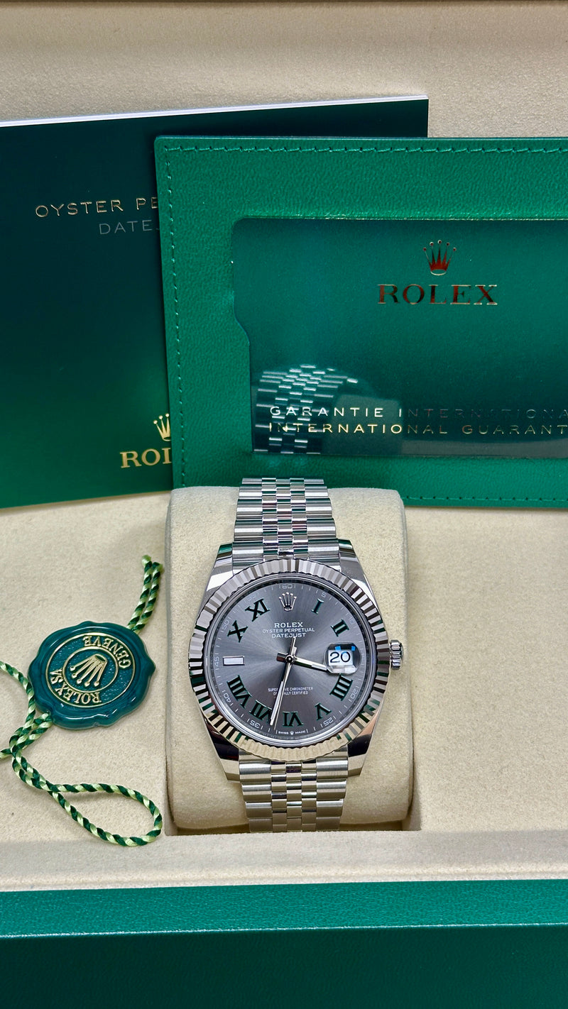 Rolex Datejust 41mm Fluted Bezel Slate and Green Roman "Wimbledon" Dial Jubilee - 126334 - New 2025