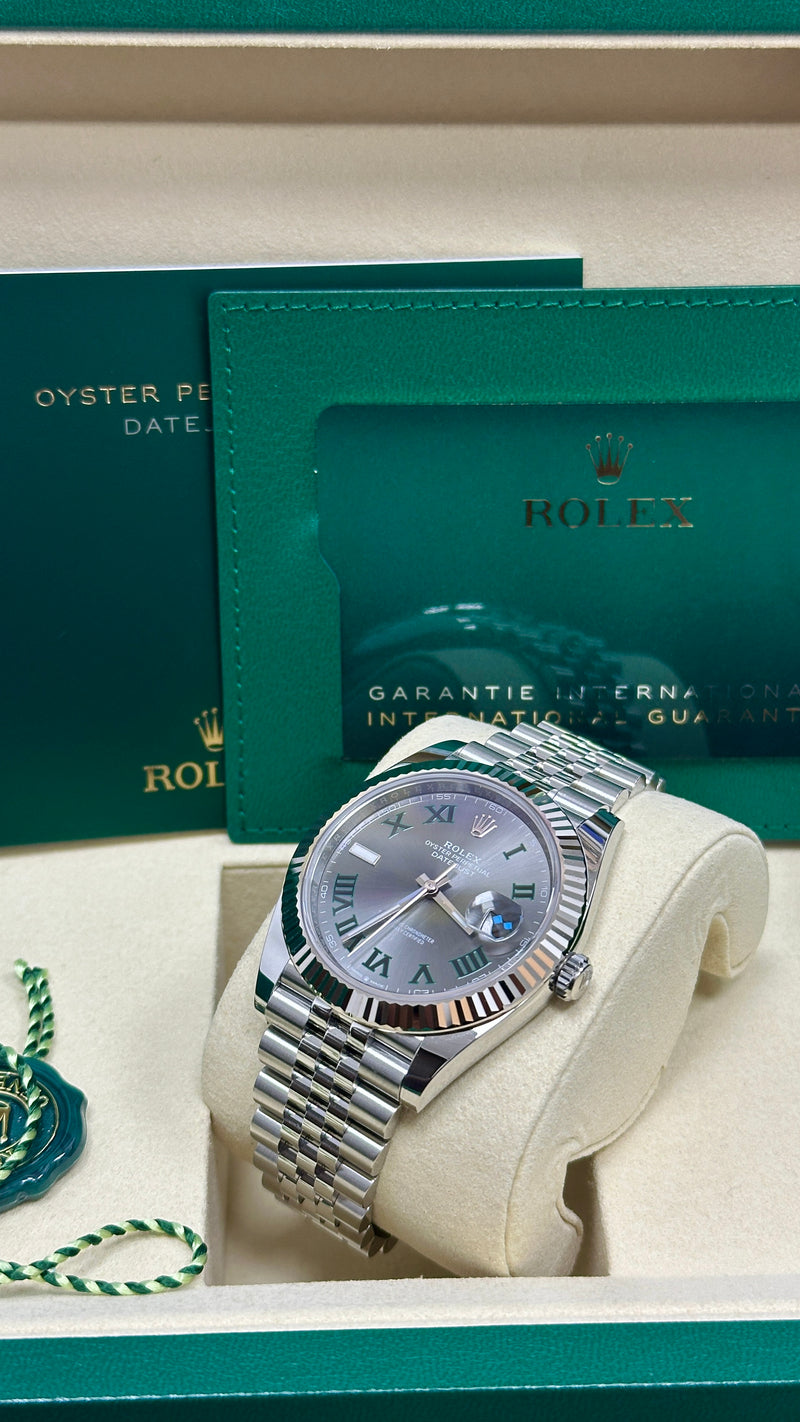 Rolex Datejust 41mm Fluted Bezel Slate and Green Roman "Wimbledon" Dial Jubilee - 126334 - New 2025