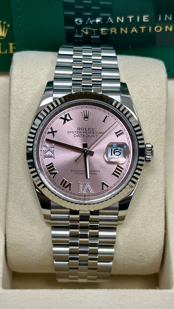 Rolex Datejust 36mm Fluted Bezel Pink Roman Diamond Dial Jubilee - 126234 - New 2025